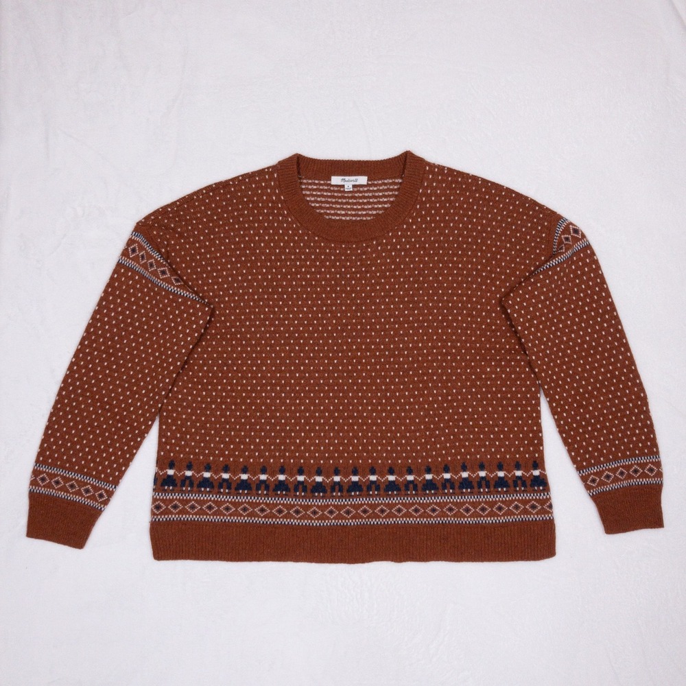 Madewell Woodside Jacquard Pullover Sweater Womens M Brown Wool Blend Relaxed
